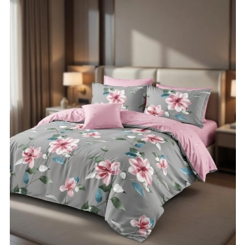 Pościel 160x200 bawełna szara w  różowe kwiaty- elegancka pościel PK809